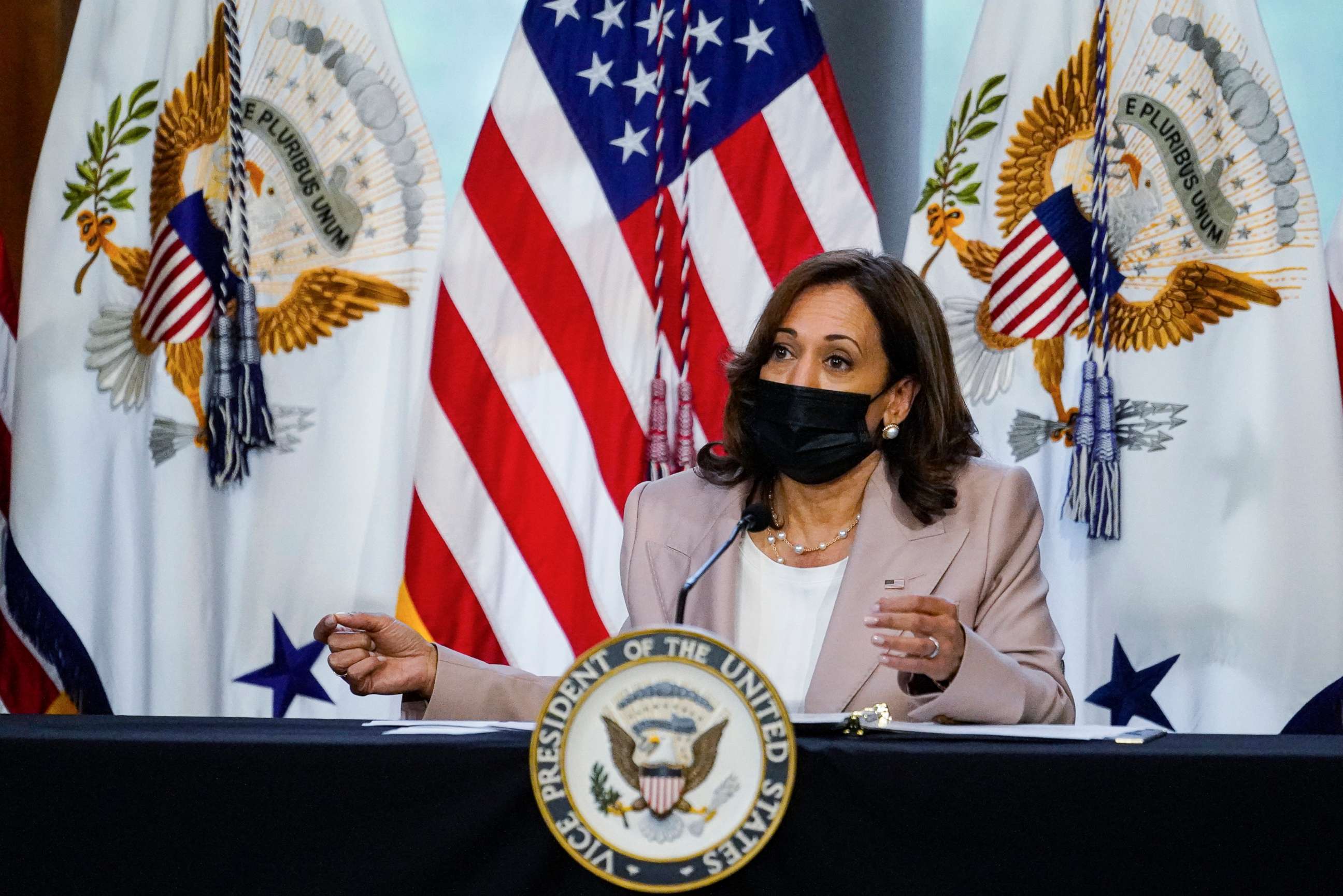 PHOTO: Vice President Kamala Harris speaks to Indiana Democratic legislators to discuss reproductive rights at the Indiana State Library in Indianapolis, July 25, 2022.