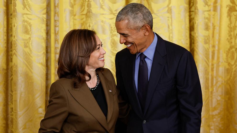 PHOTO: Vice President Kamala Harris and Former President Barack Obama attend an event to mark the 2010 passage of the Affordable Care Act in the East Room of the White House, Apr. 5, 2022, in Washington.