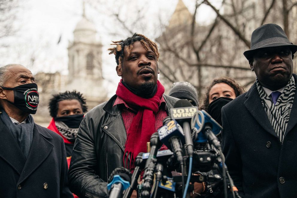PHOTO: Jazz musician Keyon Harrold speaks at a press conference held in lower Manhattan on Dec. 30, 2020, in New York City.