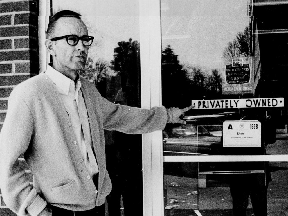 PHOTO:Harry Floyd, owner of the segregated bowling alley in Orangeburg, S.C., over which civil rights demonstrations ended in the death of three students, points to the "privately owned" sign on the front door, Feb. 10, 1968.