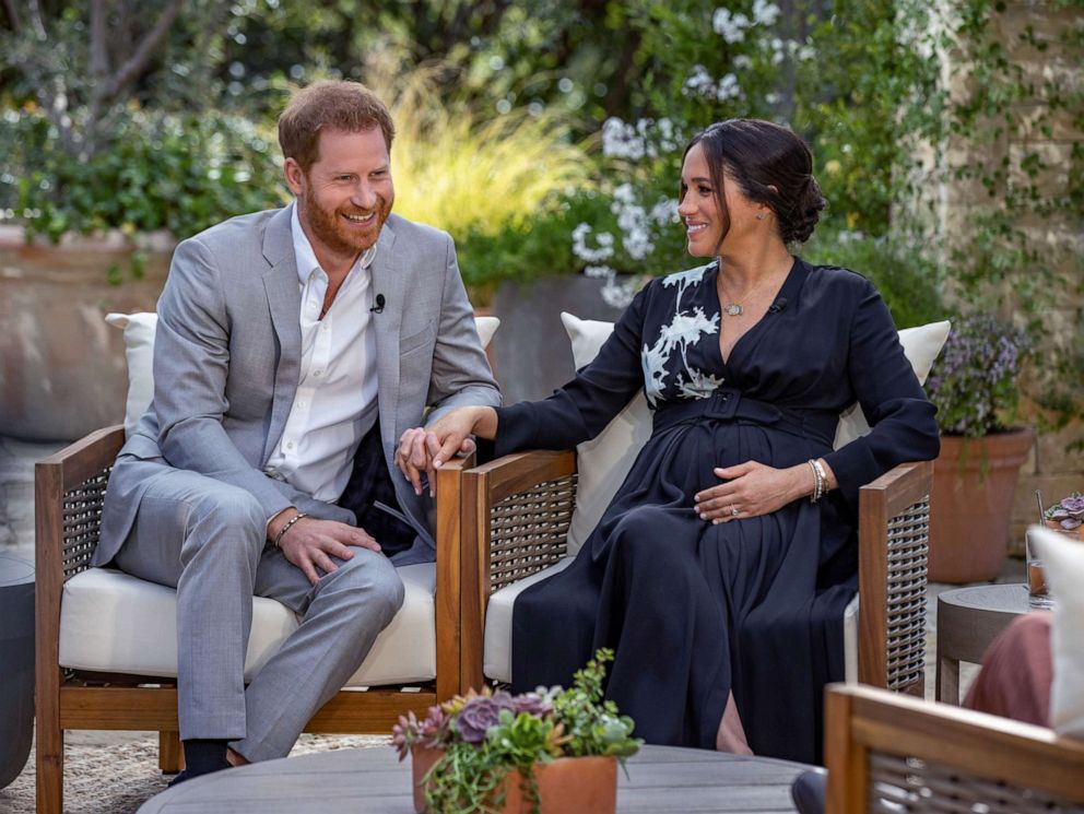 PHOTO: Prince Harry and Meghan, The Duke and Duchess of Sussex, give an interview to Oprah Winfrey that aired on March 7, 2021.