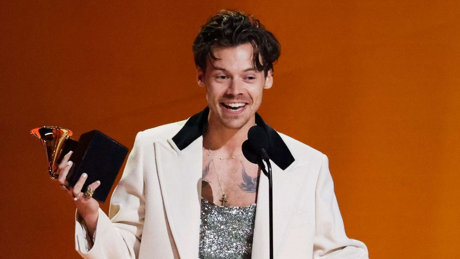 PHOTO: Harry Styles accepts the Album Of The Year award for "Harry's House" during the 65th Annual Grammy Awards in Los Angeles, Feb. 5, 2023.