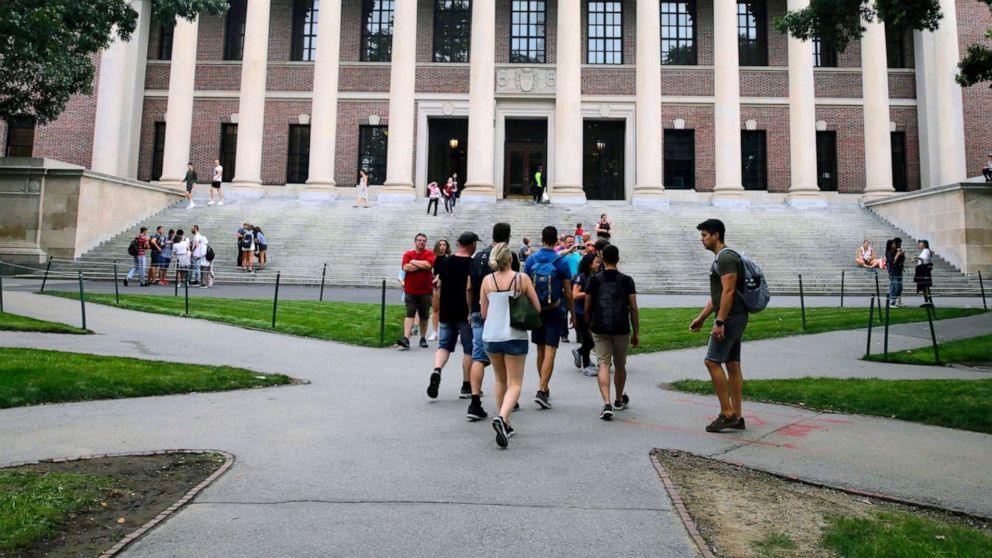 PHOTO: Students walk near the Widener Library at Harvard University in Cambridge, Mass., Aug. 13, 2019.