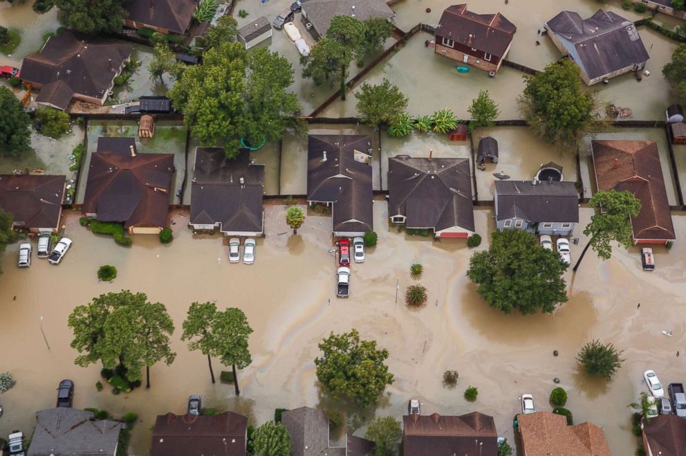PHOTO: A residential neighborhoods is inundated with floodwater in the wake of Hurricane Harvey in Houston, Aug. 29, 2017. 