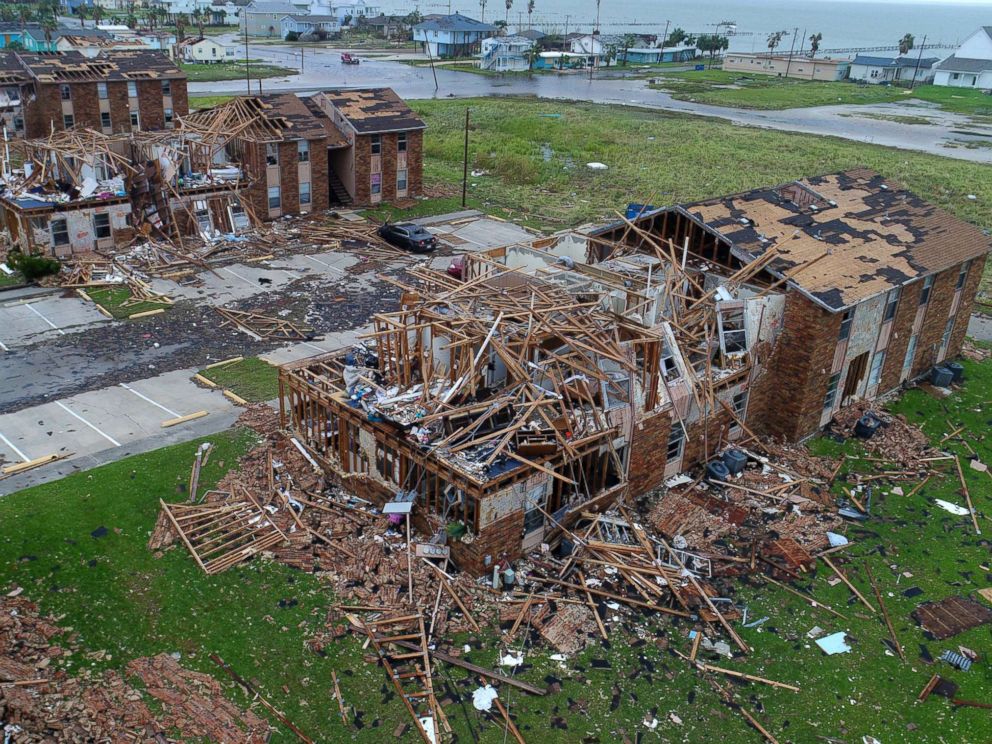 PHOTO: An aerial image shows the remains of the Salt Grass Landing Apartments in Rockport, Texas after Hurricane Harvey, Aug. 27, 2017.