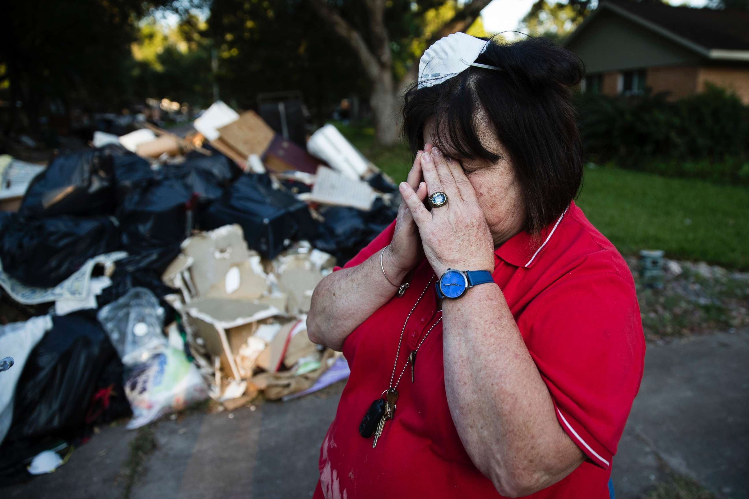 PHOTO: Peggy Lanigan pauses during the aftermath of Hurricane Harvey in Houston, Sept. 6, 2017.