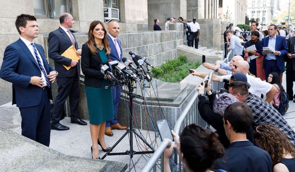 PHOTO: Attorney Donna Rotunno makes comments with other members of Harvey Weinstein's new legal team at New York State Supreme Court in New York, July 11, 2019.