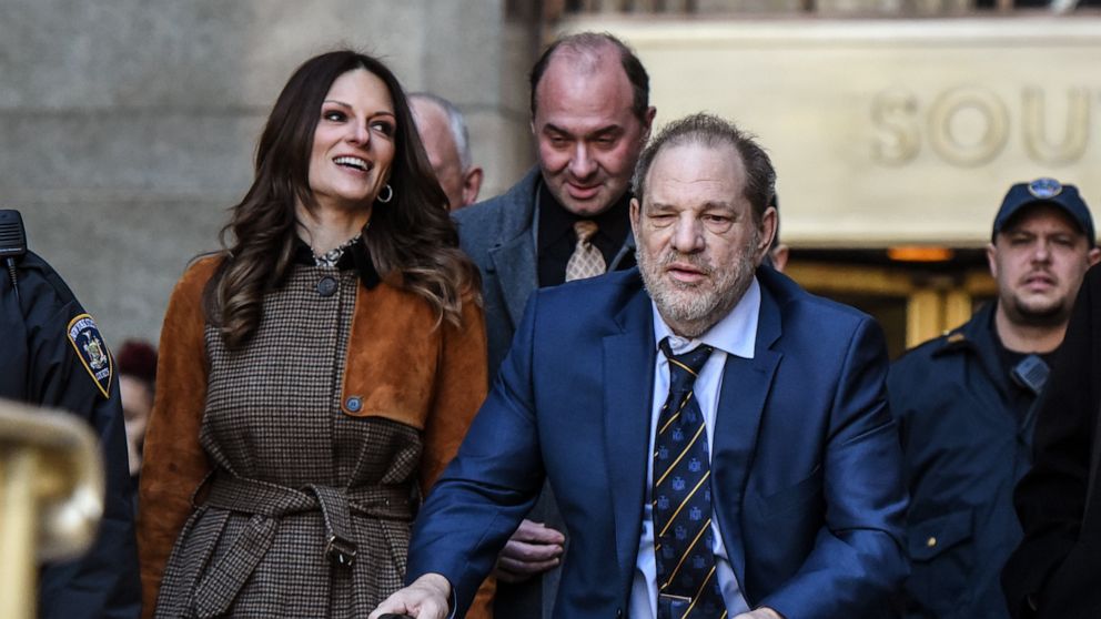 PHOTO: Movie producer Harvey Weinstein departs his sexual assault trial at New York Criminal Court with his lawyer Donna Rotunno (L) on February 14, 2020 in New York City.