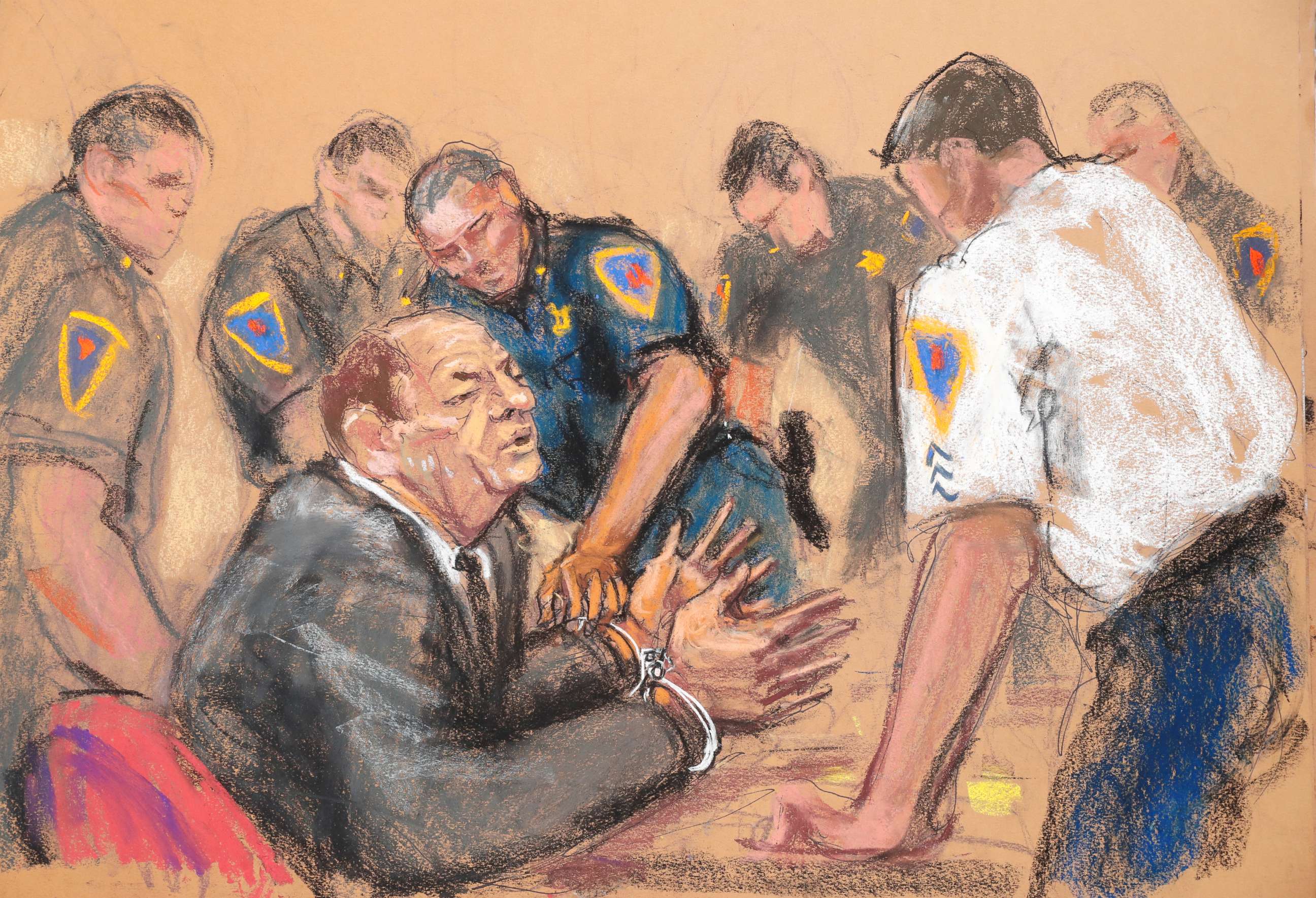 PHOTO: Film producer Harvey Weinstein is handcuffed after his guilty verdict in his sexual assault trial at the New York Criminal Court in New York, Feb. 24, 2020 in this courtroom sketch.