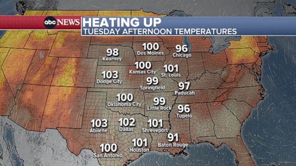 PHOTO: A July 4, 2022 map indicates temperatures rising on Tuesday afteroon.