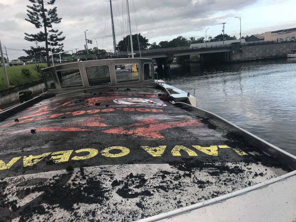 The roof of the tour boat was covered in ash after the lava bomb crashed through it on Monday, July 16, 2018.