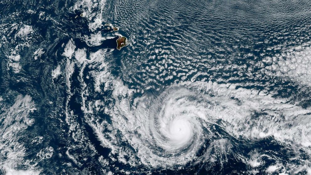 PHOTO: A satellite image of Hurricane Dora passing just south of Hawaii's Big Island, Aug. 7. 2023. Dora was moving west at 23 mph. with maximum sustained winds of 130 mph