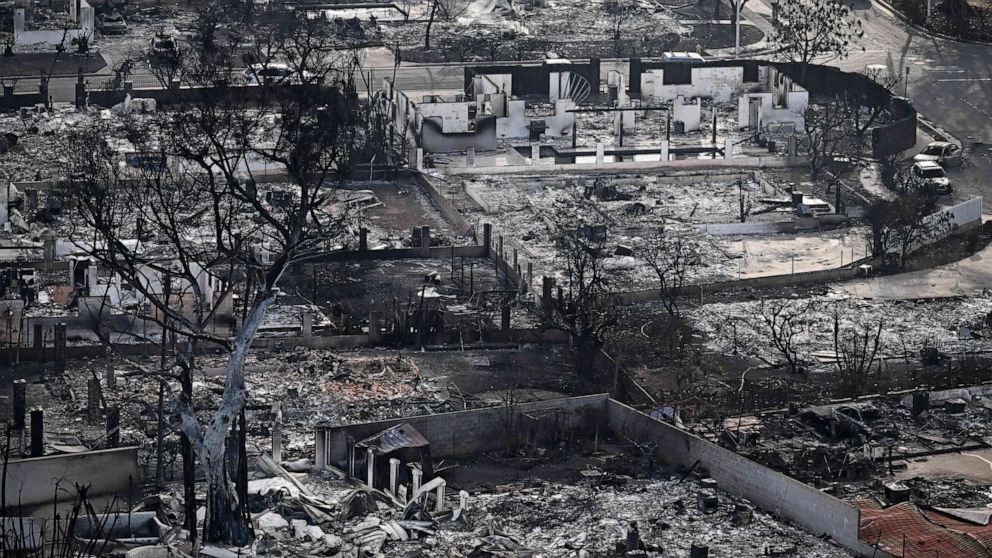 PHOTO: An aerial image shows destroyed homes and buildings burned to the ground in Lahaina in the aftermath of wildfires in western Maui, Hawaii, Aug. 10, 2023.