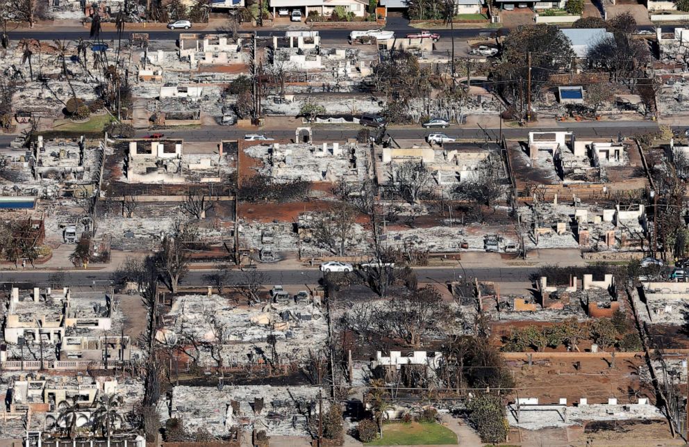 PHOTO: Homes and businesses are seen that were destroyed by a wildfire earlier this week, Aug. 11, 2023 in Lahaina, Hawaii.