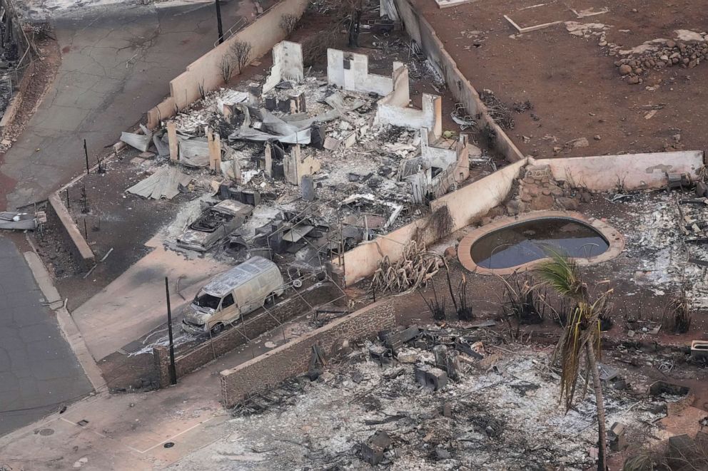 PHOTO: An aerial image shows destroyed homes burned to the ground in Lahaina in the aftermath of wildfires in western Maui, Hawaii, Aug. 10, 2023.