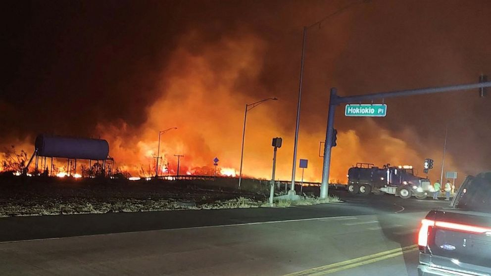 PHOTO: In this image obtained from the County of Maui in Hawaii, shows a wildfire in Lahaina, on Aug. 9, 2023. Hawaii wildfires fanned by winds from Hurricane Dora forced evacuations late on Aug. 8.