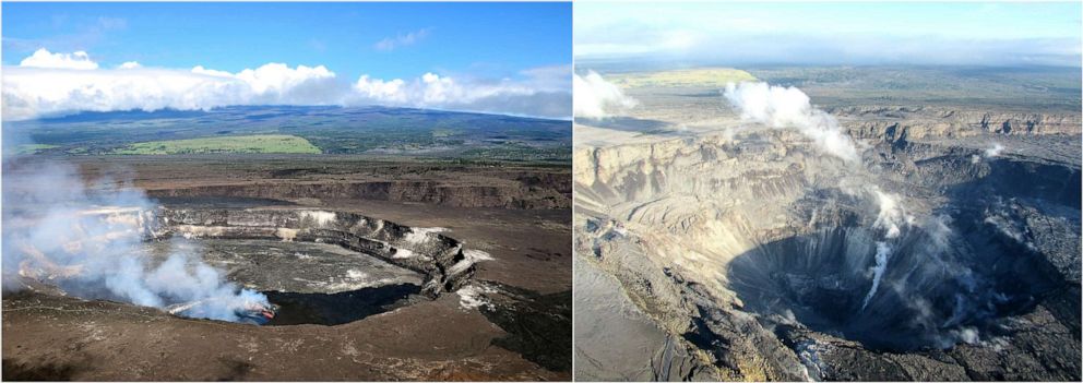 PHOTO: USGS shows the Kilauea Summit crater before and after the eruption. Left: April 2018, Right: July 2018