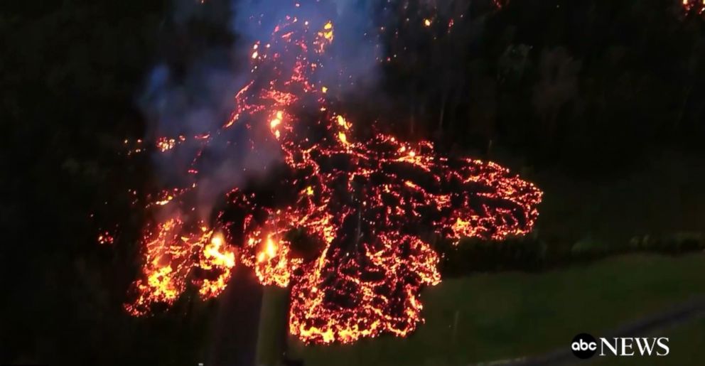 PHOTO: Destruction from Kilauea volcano's lava flow on Hawaii's Big Island is captured by drone, May 6, 2018.