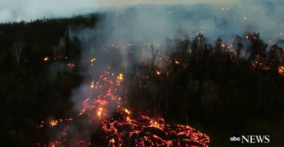 PHOTO: Drone captures destruction from Kilauea volcano's lava flow on Hawaii's Big Island, May 6, 2018.