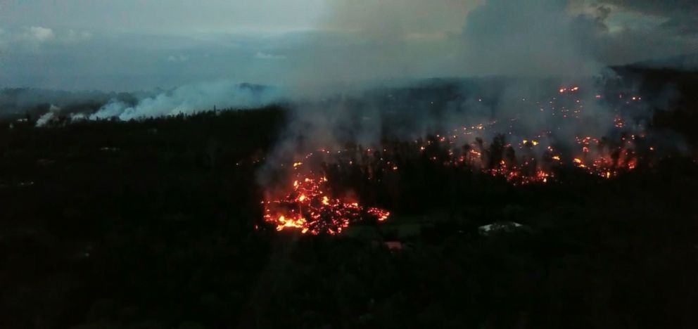 PHOTO: Drone footage shows destruction on Hawaii's Big Island from Kilauea lava flow, May 6, 2018.