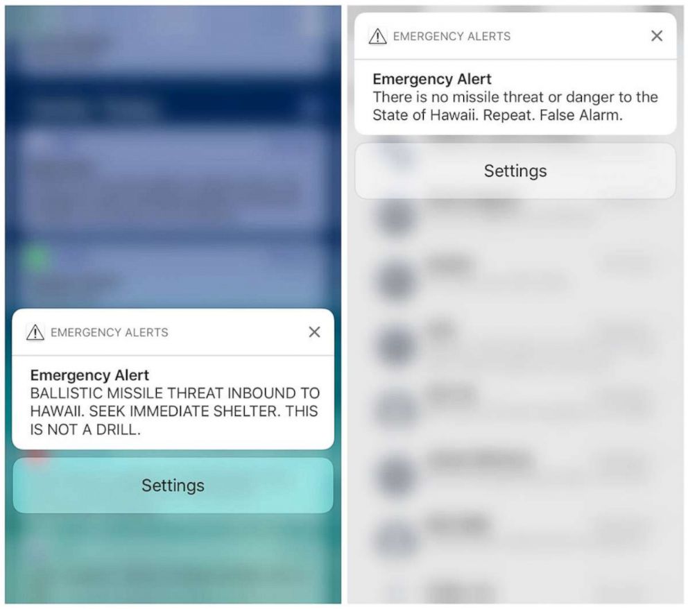 PHOTO: A combination photograph shows screenshots from a cell phone displaying an alert for a ballistic missile launch and the subsequent false alarm message in Hawaii, Jan. 13, 2018.