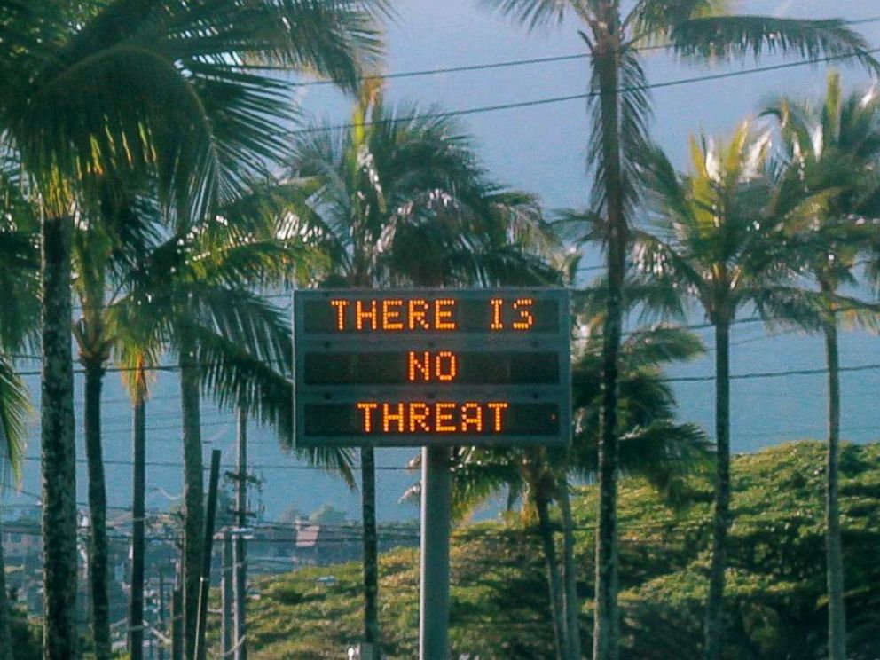PHOTO: An electronic sign reads There is no threat in Oahu, Hawaii, after a false emergency alert that said a ballistic missile was headed for Hawaii, in this Jan. 13, 2018 photo obtained from social media.