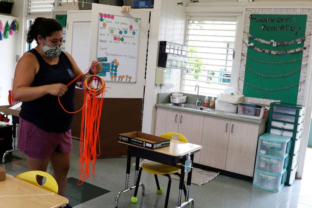 PHOTO: First grade teacher Shannon Allen prepares a classroom at Aikahi Elementary School in Kailua, Hawaii, Tuesday, July 28, 2020.