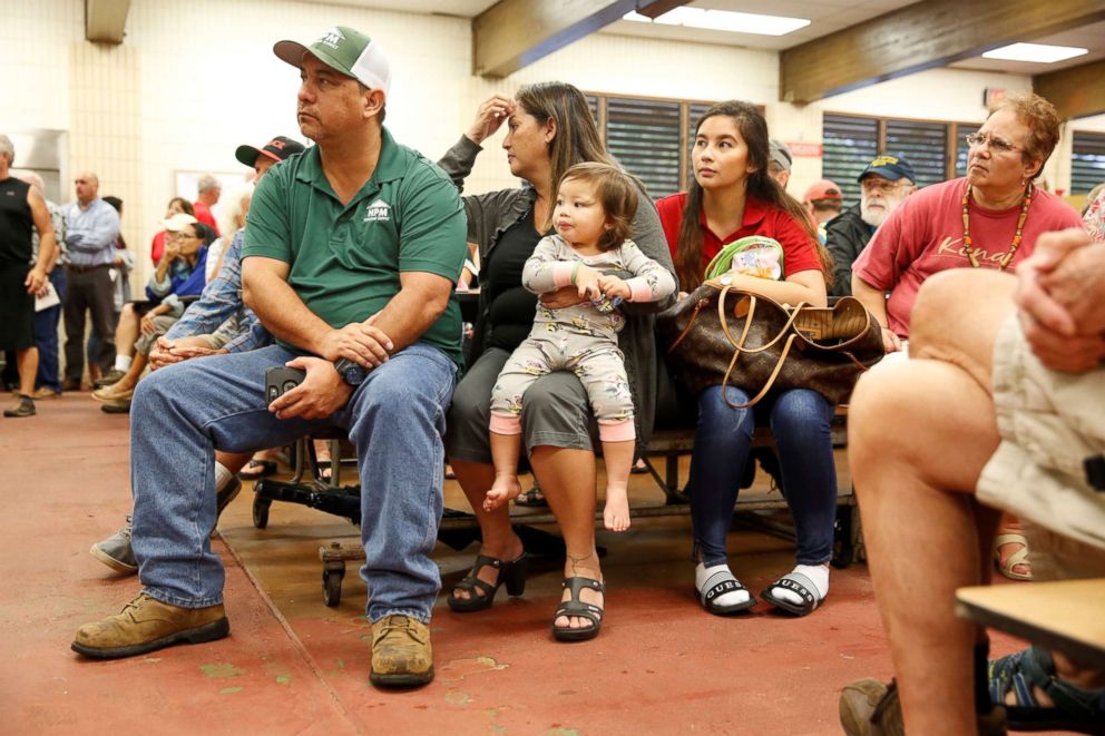 PHOTO: Puna District residents listen during a community meeting on the ongoing eruptions of the Kilauea Volcano at Pahoa High and Intermediate School in Pahoa, Hawaii, May 7, 2018.