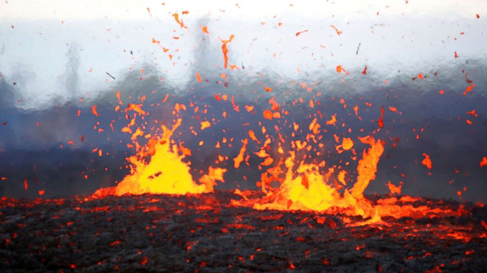 Lava erupts from a fissure on the outskirts of Pahoa during ongoing eruptions of the Kilauea Volcano in Hawaii, May 14, 2018.