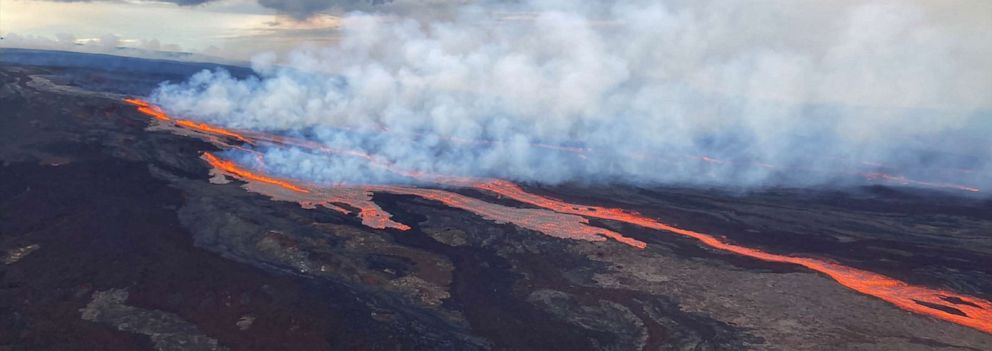 PHOTO: This aerial image released by the US Geological Survey (USGS)from Civil Air Patrol on Nov. 28, 2022, shows the lava on the northeast rift zone of Mauna Loa in Hawaii.