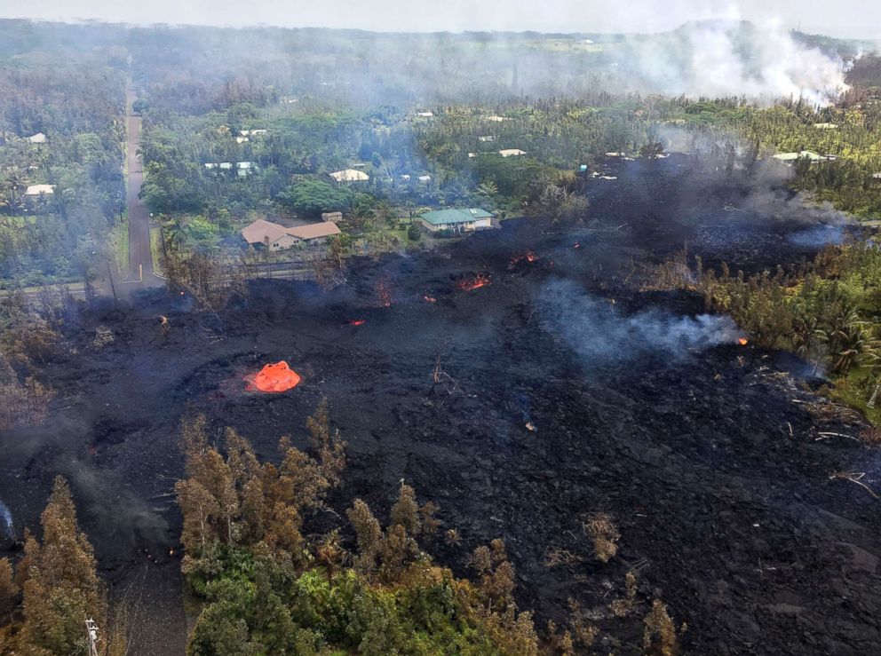 PHOTO: Lava flows from Fissure 7 in Pahoa, Hawaii, May 5, 2018. At the peak of its activity, large bubble bursts occurred in the fissure while spattering was present in other areas.