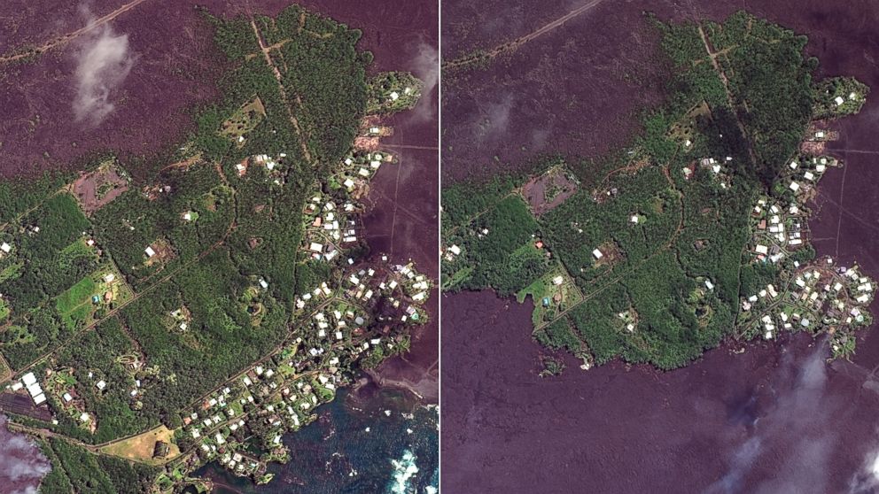 PHOTO: Lava approaches Kapoho Bay in Hawaii, left, June 3, 2018, and June 5, 2018.  Lava from the Kilauea volcano destroyed hundreds of homes in a mostly rural area on the Big Island of Hawaii.