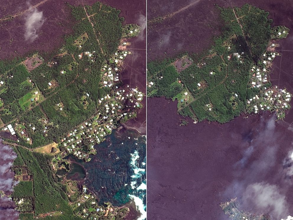 PHOTO: Lava approaches Kapoho Bay in Hawaii, left, June 3, 2018, and June 5, 2018.  Lava from the Kilauea volcano destroyed hundreds of homes in a mostly rural area on the Big Island of Hawaii.