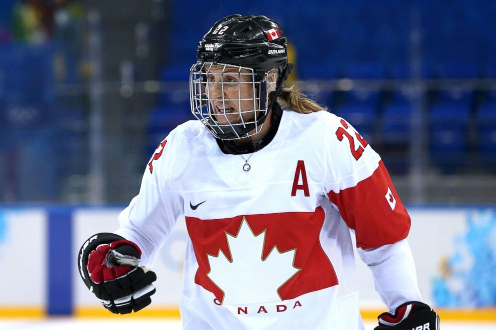 PHOTO: Hayley Wickenheiser #22 of Canada reacts during the Women's Ice Hockey playoffs semifinal game against Switzerland, Feb. 17, 2014, in Sochi, Russia.