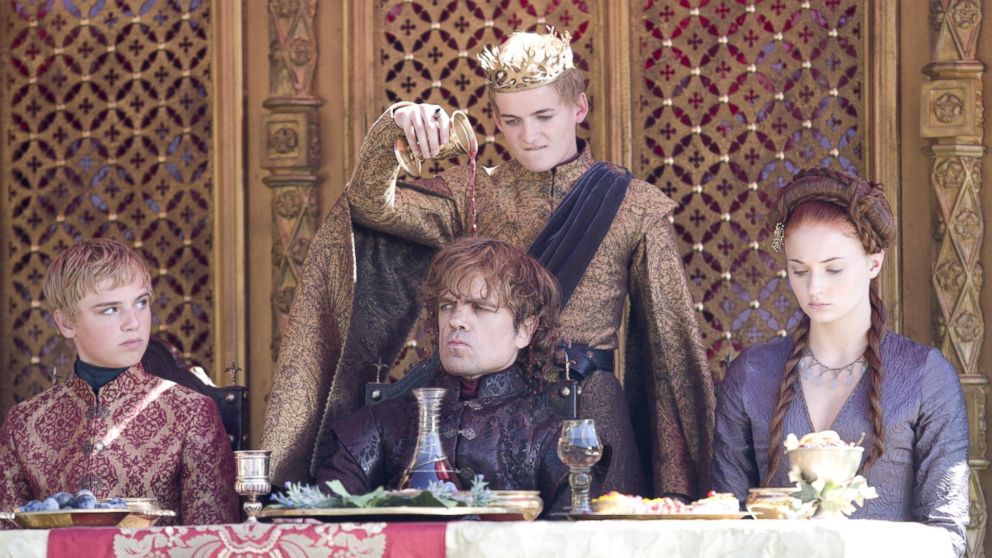 Dean-Charles Chapman, Peter Dinklage, Jack Gleeson, and Sophie Turner star in HBO's "Game of Thrones" in this still from Season 4.