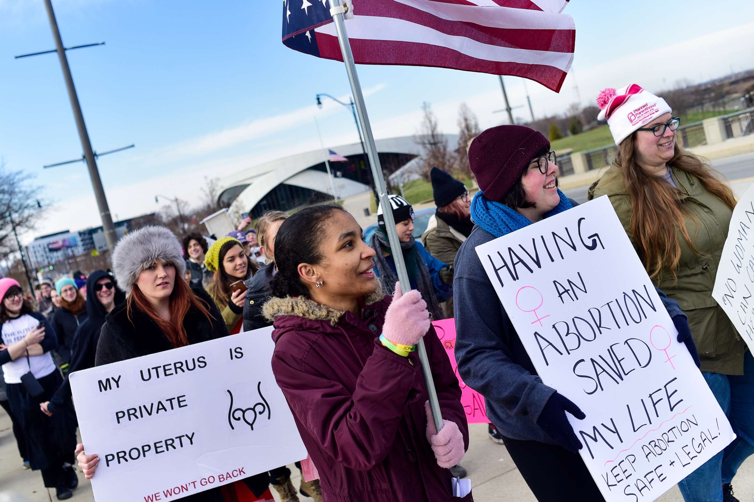 PHOTO: Women seen with placards during a protest against the controversial Heartbeat Bill or HB258, which bans abortion once a fetal heartbeat is detected, Dec. 12, 2018, in Columbus, Ohio.