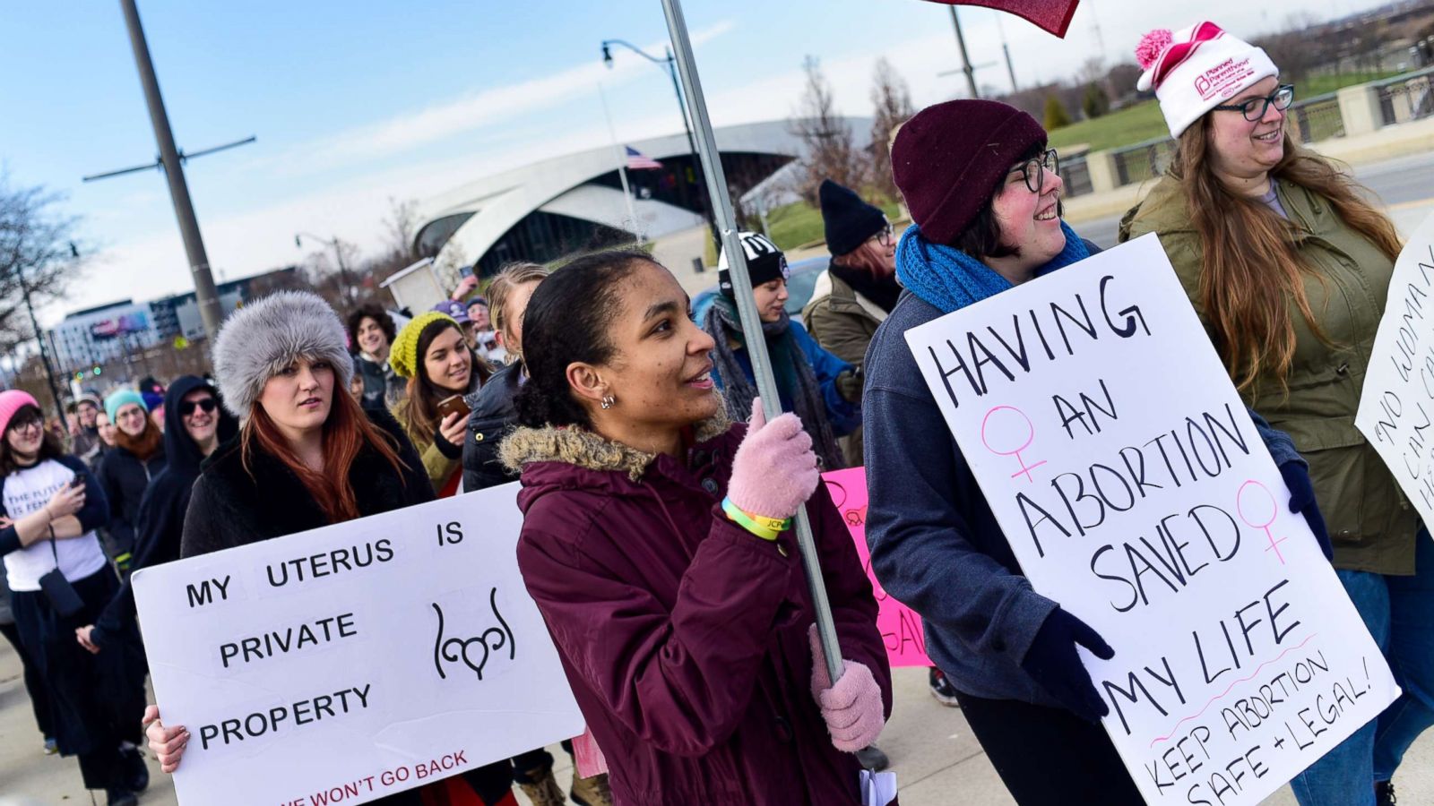 PHOTO: Women seen with placards during a protest against the controversial Heartbeat Bill or HB258, which bans abortion once a fetal heartbeat is detected, Dec. 12, 2018, in Columbus, Ohio.