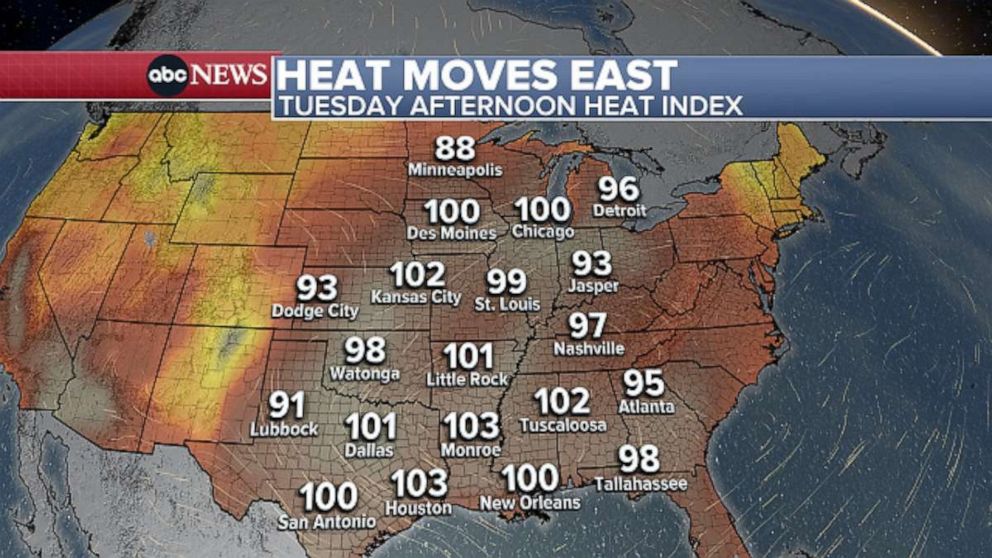 PHOTO: A new heat wave that will be impacting a large swath of the nation this week bringing another round of dangerous heat. The brunt of the heat is impacting the central US right now, especially the Upper Midwest, where heat alerts are in effect. 