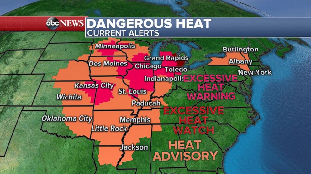 Alerts are in place from the Plains to New York over the hot temperatures on Friday.