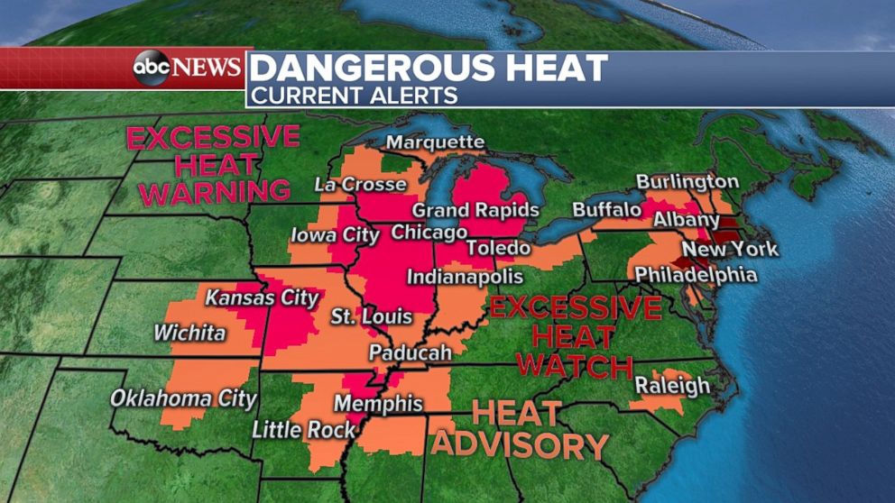 Dangerous heat has alerts in place across most of the Midwest and Northeast on Saturday.