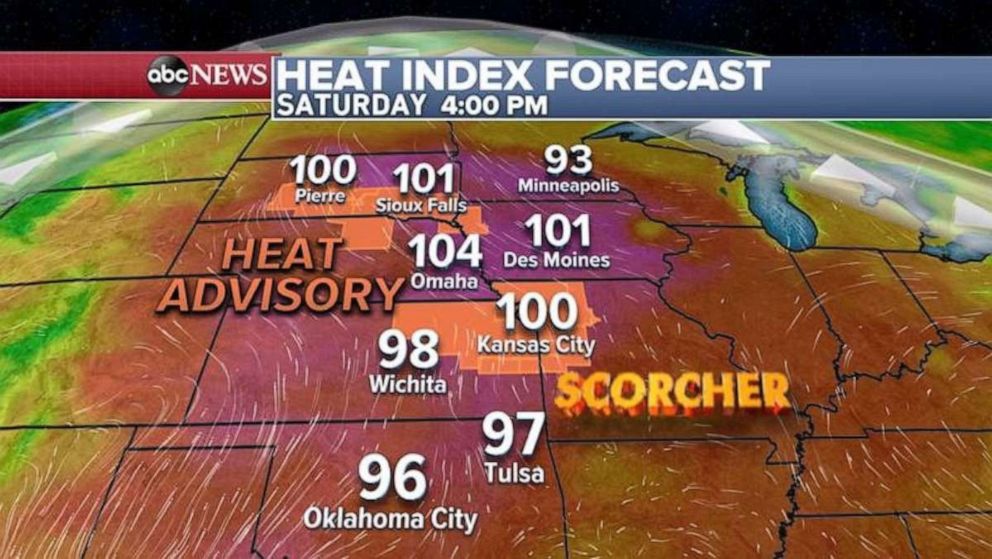 PHOTO: The heat index could reach 100 in parts of the Plains on Saturday due to high humidity.