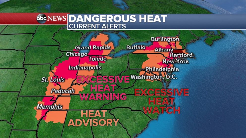 Dangerous heat in the Midwest and Northeast is prompting multiple warnings and watches.