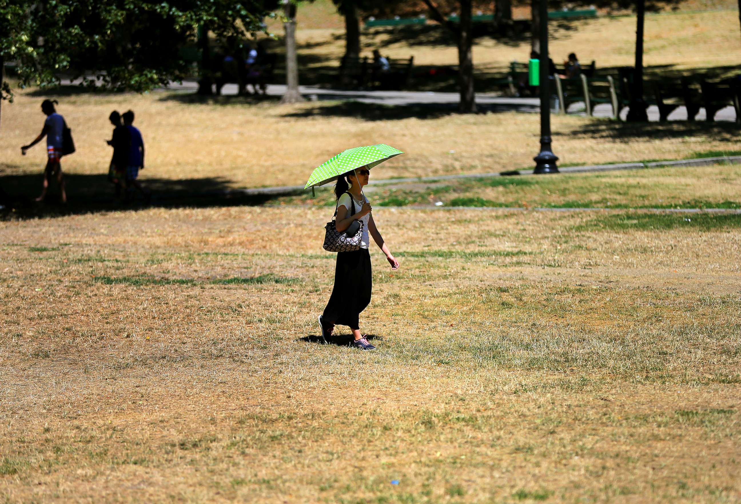 PHOTO: A woman holds an umbrella for shade as she walks across the dry grass on Boston Common in Boston during a heat wave, July 26, 2016.