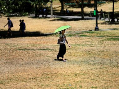 woman holds an umbrella for shade