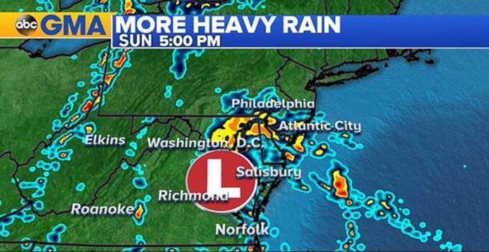Heavy rain will fall across Virginia, Maryland and Delaware on Sunday evening.