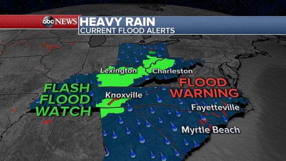 PHOTO: Flash flood watches and flood warnings are in place across the Carolinas and parts of the Midwest on Wednesday.