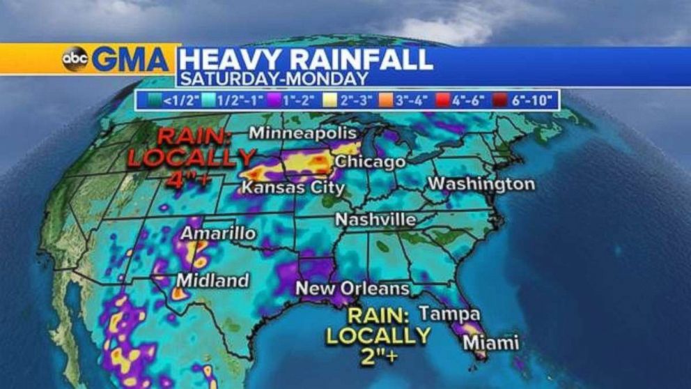 Rainfall will hit much of the U.S. over the holiday weekend.