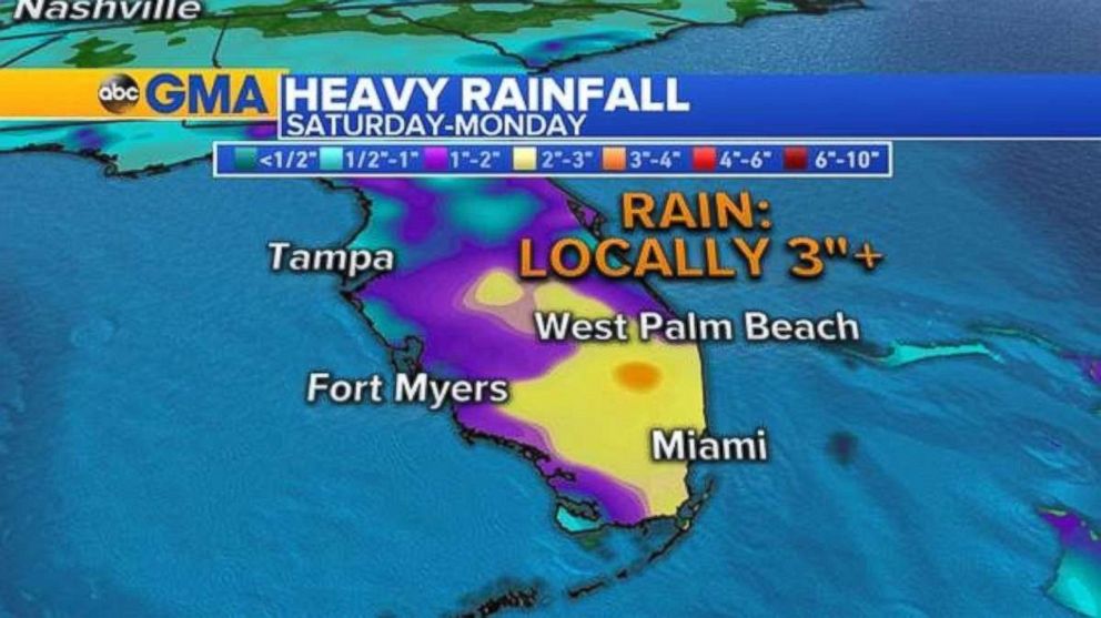Southeast Florida could see as much as 3 inches of rain locally through Monday.