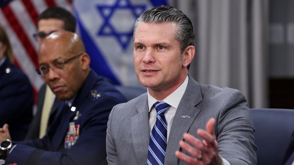 PHOTO: Defense Secretary Pete Hegseth speaks next to General Charles Q. Brown Jr., Chairman of the Joint Chiefs of Staff during a meeting with Israeli Prime Minister Benjamin Netanyahu at the Pentagon in Washington, Jan. 5, 2025.