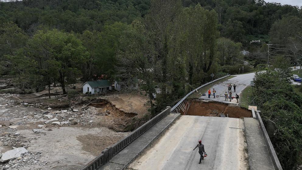 PHOTO: A drone view shows a damaged bridge on U.S. Route 64, following the passing of Hurricane Helene, in Bat Cave, North Carolina, Sept. 30, 2024. 